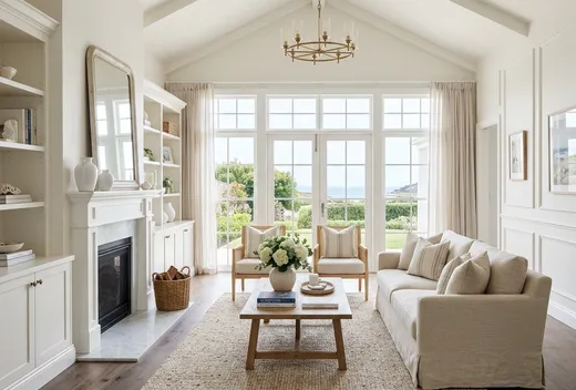 Bright white coastal living room with vaulted ceiling, fireplace and ocean view