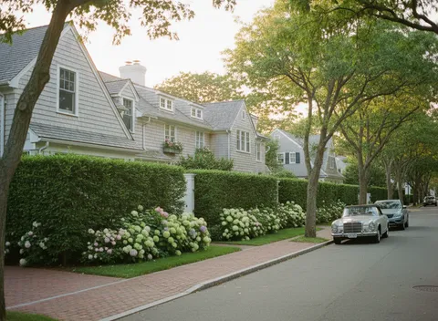 Shingle-style homes behind hedges and blooming hydrangeas on a village street