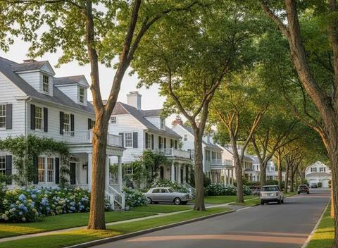 Quiet tree-lined street of white colonial homes with hydrangeas