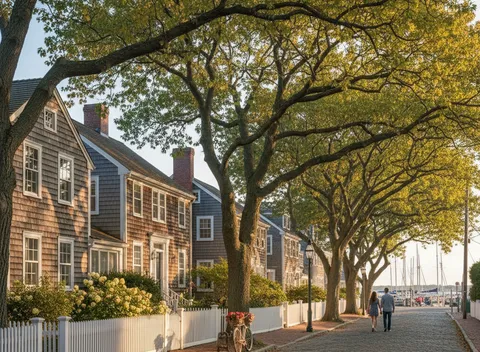 Tree-lined cobblestone village street with cedar shingle homes near a harbor