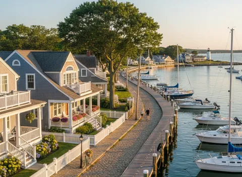 Waterfront harbor village with shingle cottages, boardwalk and moored sailboats