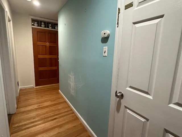 Hallway with a freshly painted teal accent wall, white door and hardwood floor