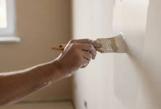 Close-up of a hand brushing fresh white paint onto an interior wall