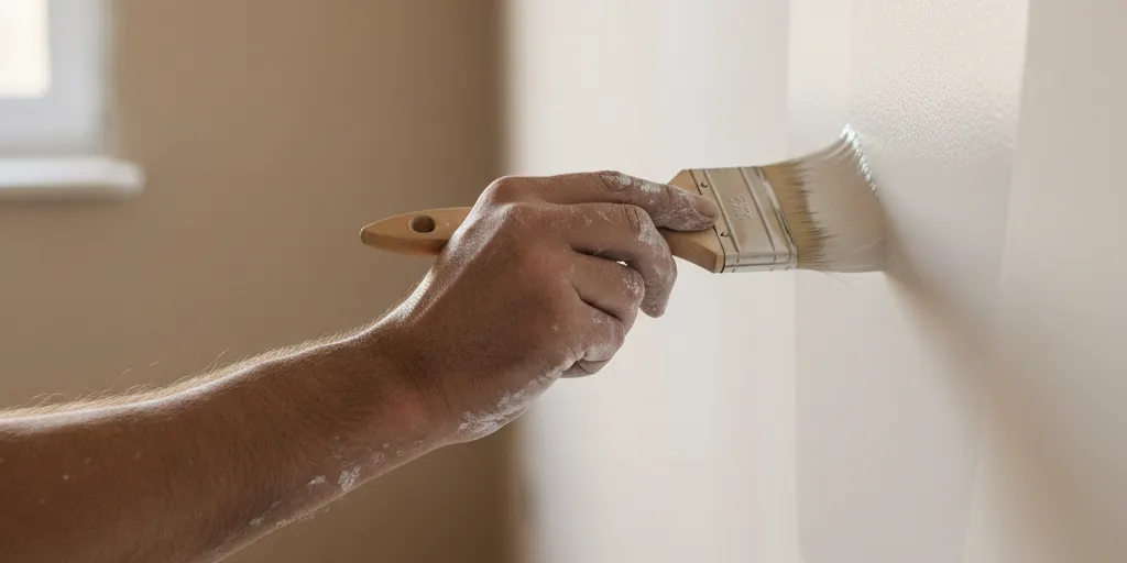 Close-up of a hand brushing fresh white paint onto an interior wall