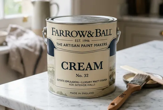 Cream luxury matt interior paint can and brush on a marble kitchen counter