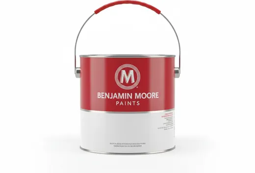 Can of premium red-label interior paint on a plain white background